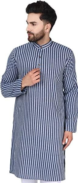 SKAVIJ Men's Handloom Cotton Solid Henley Long Sleeves Straight Knee Length Long Shirt