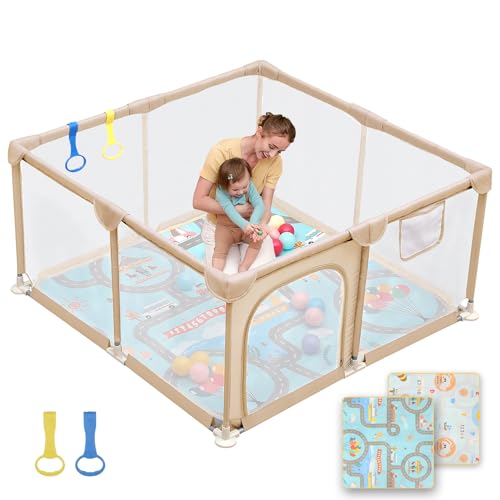 Image of Dripex Baby Playpen with Mat, 47 inchx47 inch Small Play Pen for Babies, Beige