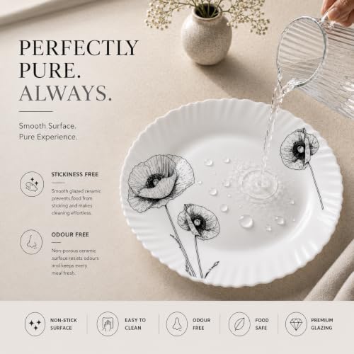 Image of CELLO Wild Poppy Dazzle Series Opalware Dinner Set of 40 Pieces for Family of 6 | Bone-Ash Free & Leadfree Opal Glass, Microwave & Dishwasher Safe Plates & Bowls Crockery Set for Dining & Gifting
