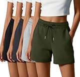 Locoowai 4 Pack Women's Sweat Shorts Casual Summer High Waisted Drawstring Athletic Comfy Shorts with Pockets Lightweight(S,Black, Dark Grey, Light Grey, Army Green)