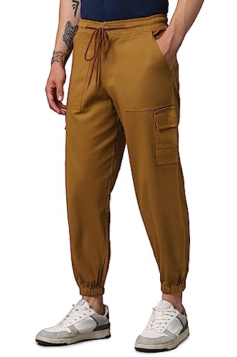 Image of Hubberholme Men's Regular Fit Cotton Trousers, Ankle Length Button Closure Elasticated Waist Cargo Joggers