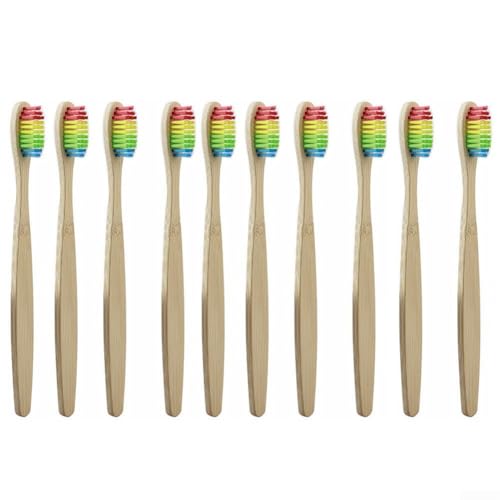Juego de 10 cepillos de dientes naturales para adultos con cerdas de carbón activado, mango de madera sostenible para personas sensibles