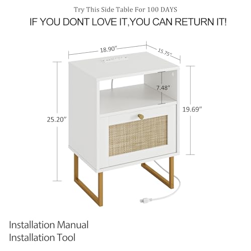 Image of Masupu Extra Large Rattan Nightstand with Charging Station,Boho Night Stand Modern Farmhouse Wood Bedside Table with Storage Drawer and Open Shelf,Side End Table for Bedroom,Living Room,Office White