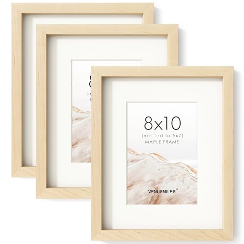 Image of 8x10 Picture Frame Set of 3, USA-Sourced Natural Maple Wood Photo Collage Frame with HD Tempered Glass, Modern Simple 8 x 10 Wooden Frame Matted to 5x7, Gallery Frames for Art Wall or Tabletop Display