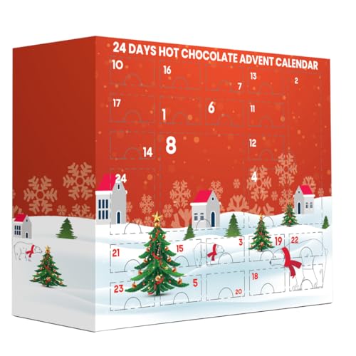 Calendario de adviento de chocolate caliente 2025 - selección de lujo de chocolate caliente con sabores, con obleas de malvavisco, jengibre navideño, canela y agitadores de chocolate caliente con