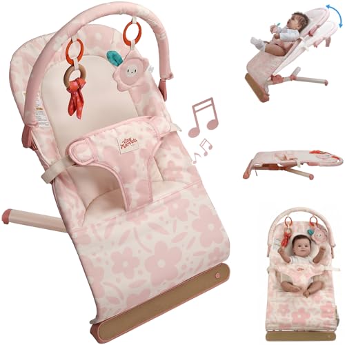 Tiny Marvels Baby Bouncer Seat 0–12 Months, Ergonomic Portable Design with 3-Point Harness, Soothing Music & Removable Bar, Foldable Baby Seat for Newborns & Toddlers Under 20 lbs