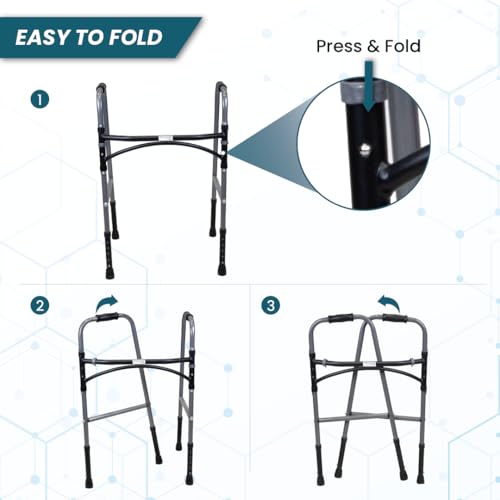 Image of Venante U-Shape Foldable Walker for Elderly and Seniors, Lightweight 100kg Capacity, Mild Steel Frame, Height Adjustable Walking Aid for Men and Women, Premium Rubber Shoes (Grey)