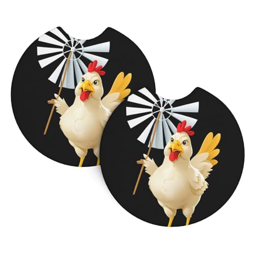 Lot de 2 sous-verres de voiture BROLEO Chicken tenant un moulin à vent - Sans odeur - Pour tous les porte-gobelets standard, parfaits pour les voitures, camions, SUV - 6,9 cm
