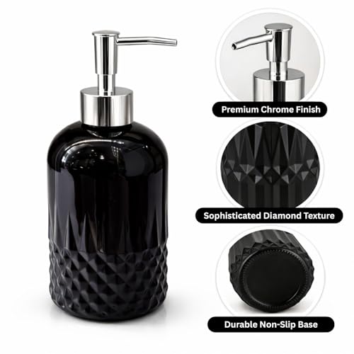 Image of Luxe Home International Diamond Cut Pattern Glass Soap Dispenser for Bathroom and Kitchen Sink Leak Proof Liquid Hand Wash Round Bottle Lightweight Smooth Finish (19.5x8 cm Black) Pack of 1