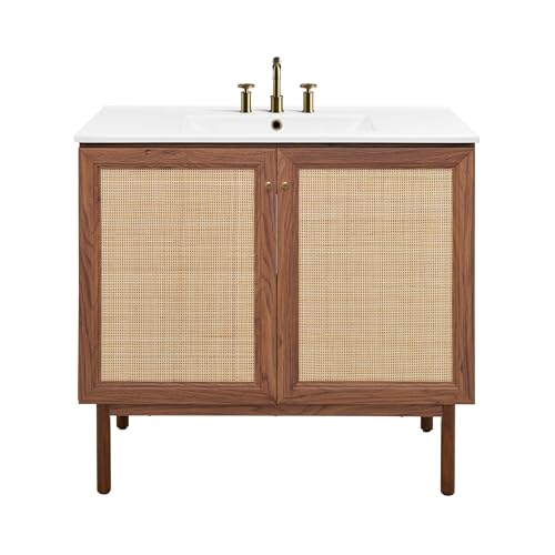Image of Swiss Madison Classe 36 in. Brown Oak Bathroom Vanity with White, 3-Hole Ceramic Sink Top