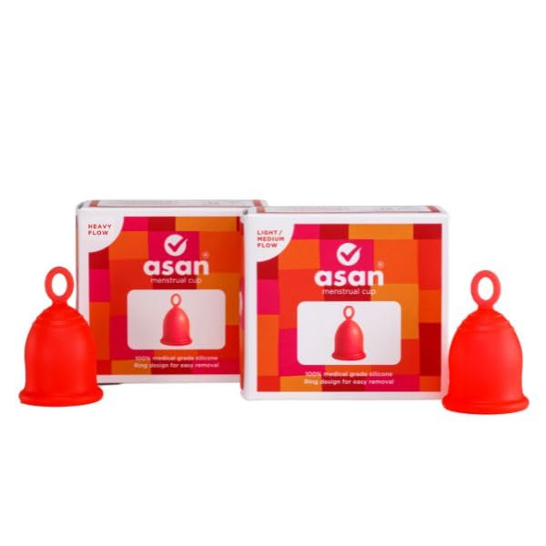 Asan menstrual cup - Combo Pack 2 sizes | Light/medium flow cup + Heavy flow cup | Easiest cup to insert & remove I Special ring design | Premium medical grade silicone I Designed in the USA