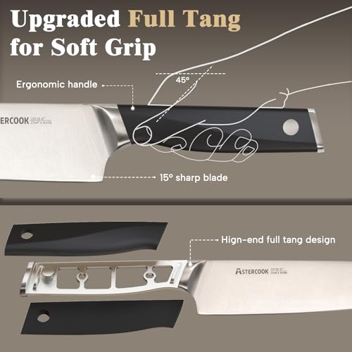 Image of Astercook Knife Set, Kitchen Knives Set with Block and Sharpener Full Tang 17 Pcs German Stainless Steel Knives Sharp Blade Dishwasher Safe Premium Knife Set, Black Father Day Gifts for Men