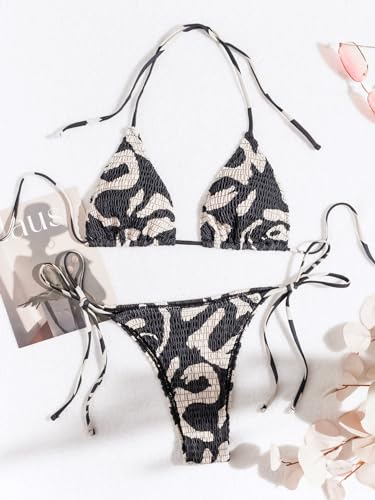 SHENHE Women's 2 Piece Smocked Triangle Bikini Sets Halter Drawstring Side Cute Swimsuits2