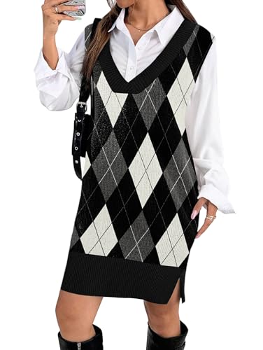 Zeagoo Womens V Neck Sleeveless Sweater Vest Dress Oversized Knit Side Slit Fall Winter Pullover Sweater Short Dress, Plaid Medium