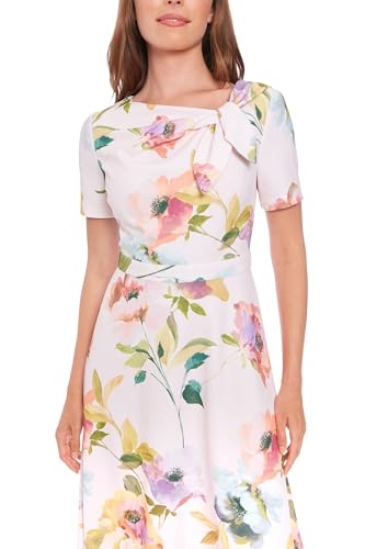 Image of London Times Women's Women's A-line Midi Dress - Short Sleeve Fitted Waist with Bow Detail - Versatile Floral Dresses