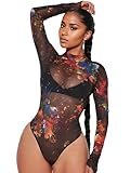 AVZXSA Women's Printed Mesh Long Sleeve Bodysuit, Sexy One Piece with Mock Neck Snap Crotch Leotard Top Black XX-Large