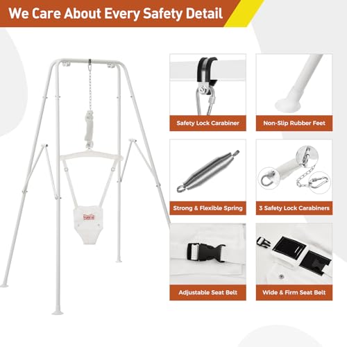 Image of FUNLIO 2 in 1 Swing Set for Toddler & Baby Jumper, Heavy Duty Kids Swing & Bouncer with 4 Sandbags, Foldable Metal Stand for Indoor /Outdoor Play, Easy to Assemble and Store - White