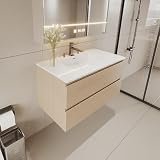 Wall-Mounted Bathroom Vanity 24" – Modern Floating Vanity with Soft-Close Drawers, Plywood Construction, Laminate Finish, Space-Saving Design (Cosmo Sand)