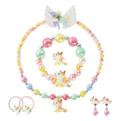 Image of SANNIDHI Unicorn Jewellery Set for Kids Pearl Bead 8 Pcs | Pretend Dress Up, Party Styling, Bracelet Necklace Earrings Ring, Coordinated Accessories, Creative Role Play