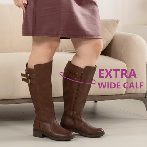 Women's Extra Wide Calf Block Heel Stacked Buckle Hidden Stretch Knee High Boots2