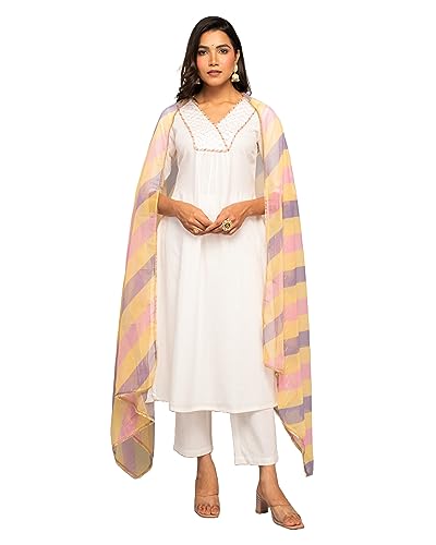 Image of FIORRA Women's White Cotton A-line Kurta with Pant and Dupatta