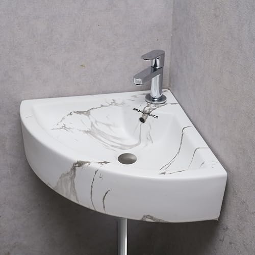 Image of REMANENCE Ceramic Wall Hung Corner Wash Basin for Bathroom | Wall Mounted Corner Sink (20.4 x 15 x 6 Inch) (White Black Stripe)