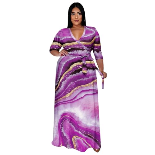 Image of Runwind Plus Size Dresses for Women Floral Maxi Dress Flowy 3 /4 Sleeve with Belt
