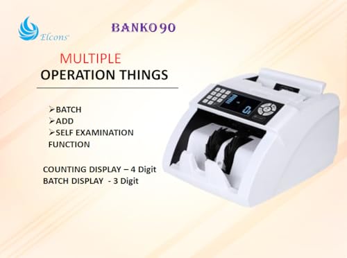 Image of ELCONS Note Counting Machine BANKO-90 | High-Speed Cash Counter 1000 Notes /Min | Fake Note Detection with UV, MG & IR Sensors | Automatic Value Detection | LED Display & Batch Counting (White)