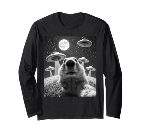 Groundhog Selfie With Alien UFO Tee Funny Selfie Groundhog Manga Larga