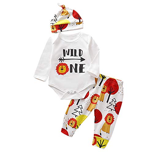 Chennie 0-18M Baby Newborn Fashion Lion Suit Print Outfits Romper + Pants + Hat 3pcs/Set White