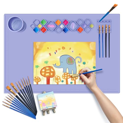 Image of FINFINLIFE XL Silicone Paint Mat for Kid, 24 inchx16 inch Painting Station for Christmas Gift, Silicone Art Mat for Crafts with Paint Brush Cleaner Tray Palettes, Painting Brushes Mini Canvas Easel (Purple)