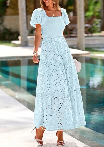 Image of PRETTYGARDEN Summer Dresses for Women 2026 Eyelet Square Neck Puff Sleeve Smocked Wedding Guest Maxi Dress with Pockets