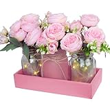 CNVOILA Rustic Pink Mason Jar Centerpiece with Faux Peony Flowers – Floral Decor for Home, Wedding, Kitchen, Table, Office – Farmhouse Tray Vase Set