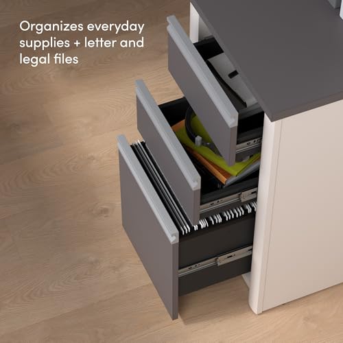 Image of Bestar Connexion L Shaped Desk with Hutch and Pedestal in Slate and Sandstone, 72W | Large Corner Table for Home Office Workspace or Personal Work Area