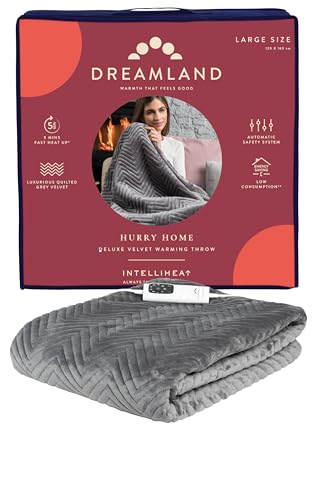 Dreamland Hurry Home Heated Throw – Grey Quilted Herringbone - Deluxe Velvet Electric Blanket Perfect for bed and Sofa, Fast Heating, Machine Washable, Detachable Control, Timer, 160x120cm
