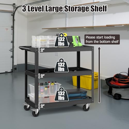 IRONMAX 3-Tier Utility Service Cart, 400 Lbs Heavy Duty Metal Trolley Rolling Cart w/Ergonomic Flat Handle, Lockable 360°Swivel Wheels, Chic Mechanic Tool Cart for Garage Warehouse & Repair Shop