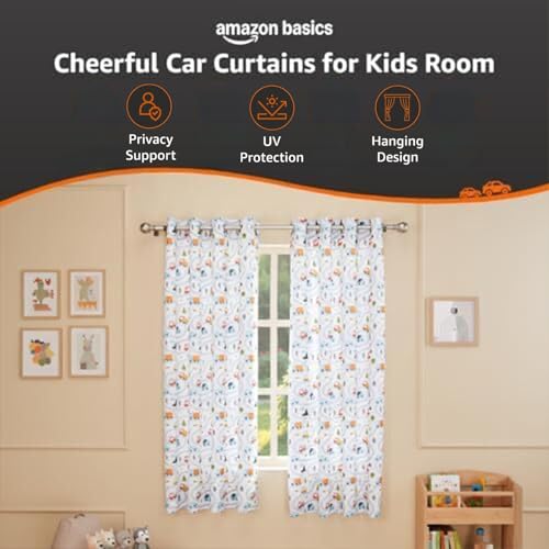 Image of Amazon Basics - Kids Room Darkening Digital Printed Window Curtains, 80-85% Room Darkening | 5 Feet |Set of 2| Digital Print | Kids Curtain |for Living Room and Bedroom | 115cmx 150cm, Design-Car