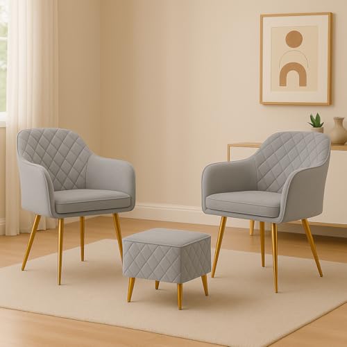 Image of Barfi Velvet Dining Chair | Set of 2 Premium Accent Chair with Armrest, Padded Seat and Metal Legs | Comfy Chair for Home, Office & Restaurents | (Light Grey with Puffy)