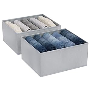 DIMJ Boîte de Rangement pour Jeans, 2 Pièces Pliable Organisateur Tiroir avec Compartiments Rangement Vetement pour Jean, Vêtements, Leggings, T-shirts, Chandail（Gris Clair）