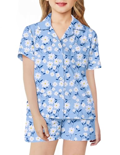 Image of Arshiner Girls Pajamas Sets Short Sleeve Kids Pjs Button Down Sleepwear | Cute Printed Pajamas for Little & Big Girl, Lightweight Comfy Fabric, 2-Piece Outfits, Perfect for Lounge Pajamas Party