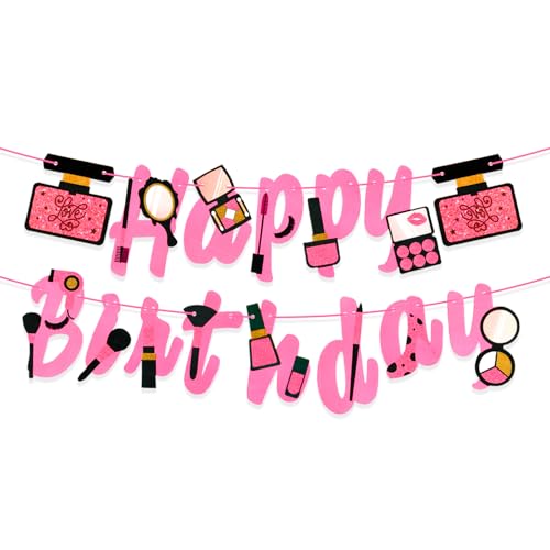Image of Rozi Decoration Happy Birthday Makeup Banner Set of 1 Pcs | Happy Birthday Banner Girl Makeup | Happy Birthday Pink Banner | Makeup Theme Birthday Party Decorations | Makeup Theme Birthday Party