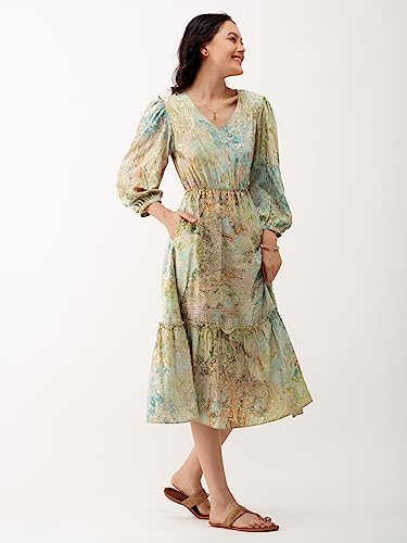 Image of AASK Abstract Printed Puff Sleeve Gathered Detailed Fit Flare Dress