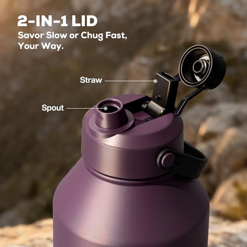 Image of POWCAN 64 oz Insulated Water Bottle with 2-in-1 Straw & Spout Lid, Leakproof, Top Handle, Keep Cold 48H, BPA-Free, Brush, Metal Water Bottle with Carrier Bag for Work, Sports, Travel and Gym (Plum)