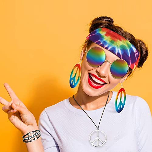 JORAKI Hippiekostuum set van 6 hippie accessoires vredesteken halsketting oorbellen armband regenboog hoofdband zonnebril hippie kostuum jaren '60 en '70 themafeest - Image 6
