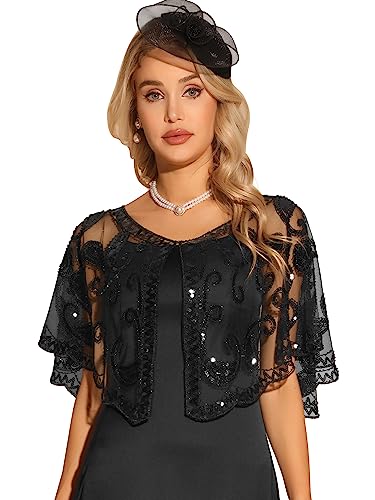 Allegra K Women's 1920s Shawl Wraps Sequin Beaded Bridal Cover Up Evening Cape Flapper Bolero