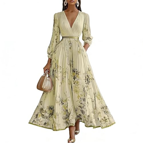 QualfsTerric Vestido de verano para mujer, cuello en V profundo, casual, maxivestidos, estampado floral, manga larga, vestidos largos de playa, vestidos de gasa plisados sueltos, amarillo, XL