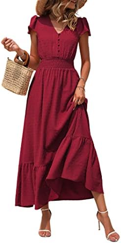 PRETTYGARDEN Womens Dresses 2025 Summer Maxi Dress Boho Short Sleeve V Neck Swiss Dot Ruffle Tiered Smocked Flowy Long Dress