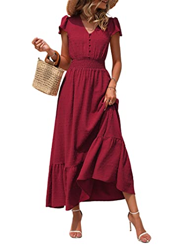 Image of PRETTYGARDEN Womens Dresses 2026 Summer Maxi Dress Boho Short Sleeve V Neck Swiss Dot Ruffle Tiered Smocked Flowy Long Dress