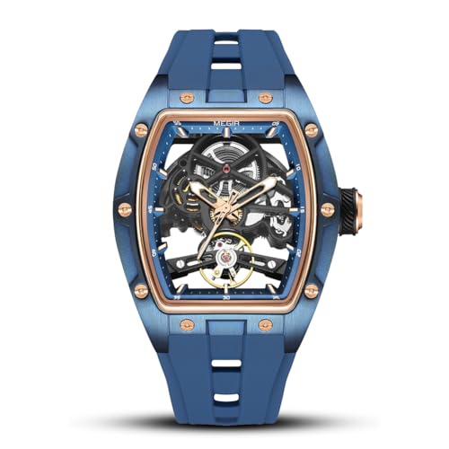 Luxuriöse automatische mechanische Skelett-Uhr, 42 x 53 mm Gehäuse aus Legierung, Leuchtzeiger, Silikonarmband, wasserdicht bis 3 ATM, Blau