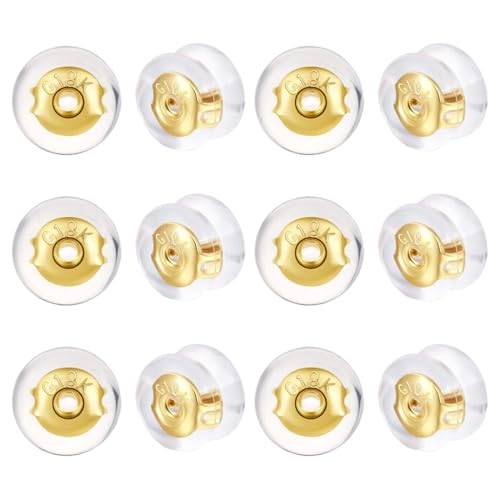 SGERUFZ 12 Piezas 18K Oro Cierre Seguro Silicona Atrás Pendientes Reemplazos para Péndulos/Orejas Caídas No-Irritante Hipoalergénico (Oro)